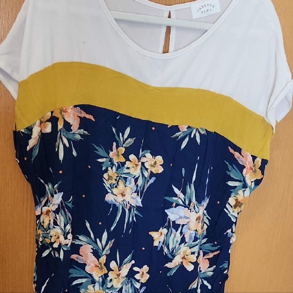 Janette Plus Asymmetrical White and Blue Blouse